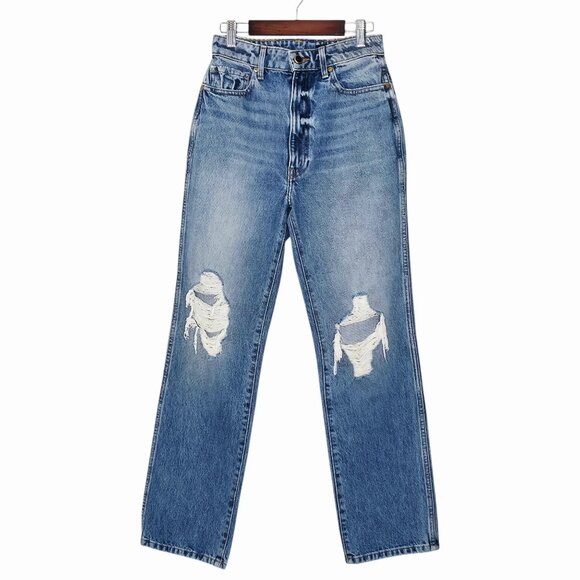 Khaite Abigail Distressed Portland Blue High Waist Straight Leg Jeans Size 25 - Picture 3 of 13